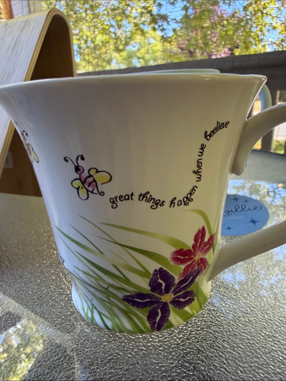 Mary Kay White Ceramic Mug with Purple & Pink Floral & Bee Motif